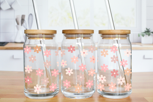 Blush Daisies Glass Can Cup