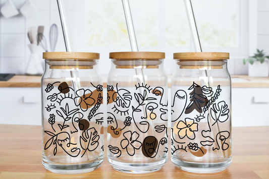 Boho faces Glass Can Cup