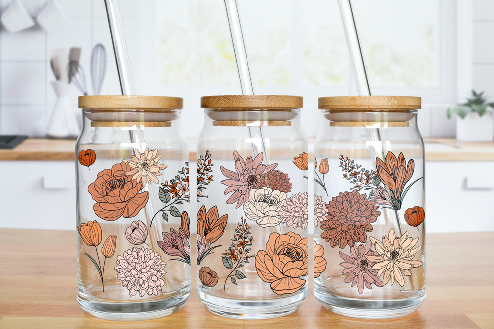 Boho Flowers Glass Can Cup