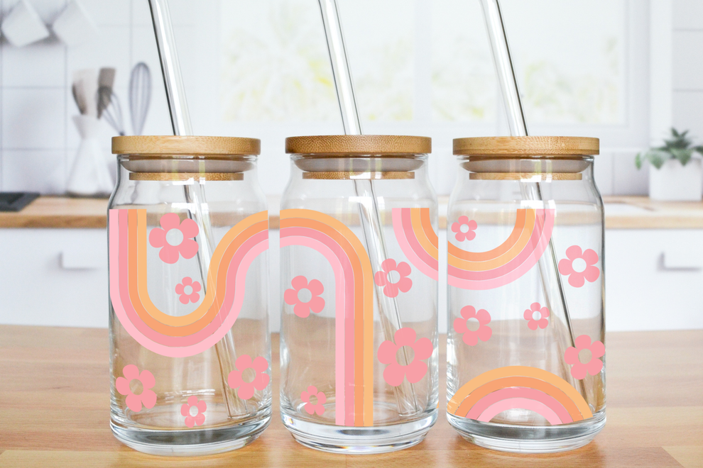 Rainbow Daisy Glass Can Cup