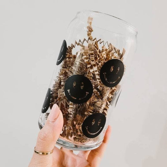 Black Smiley Glass Can Cup