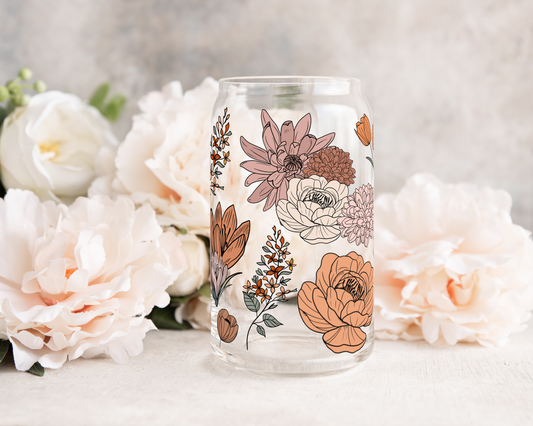 Boho Flowers Glass Can Cup