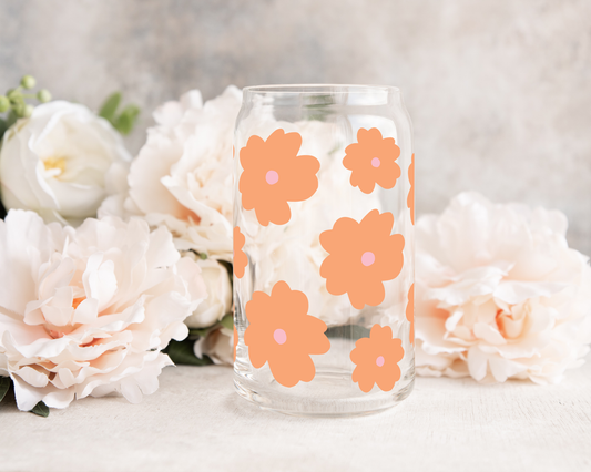 Orange Flowers Glass Can Cup