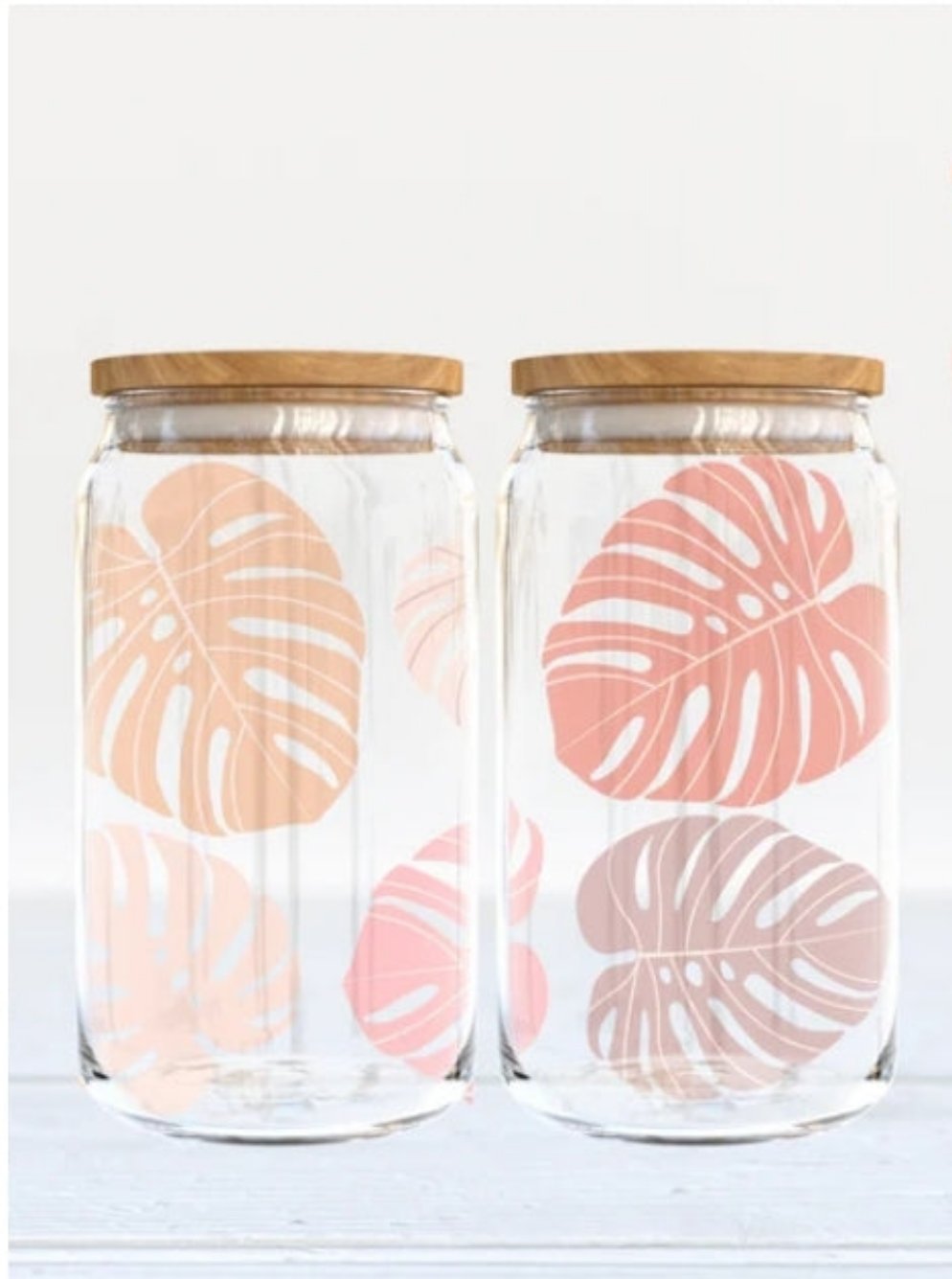 Pink Monstera Leaves Glass Can Cup