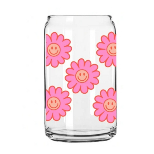 Smiley Flowers Glass Can Cup