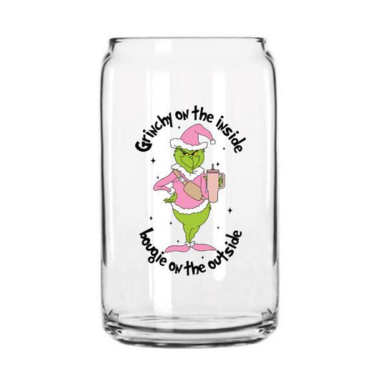 Grinchy and Bougie Glass Can Cup